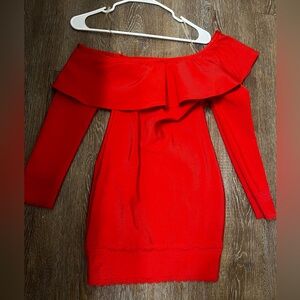 Red off shoulder flare top mini dress